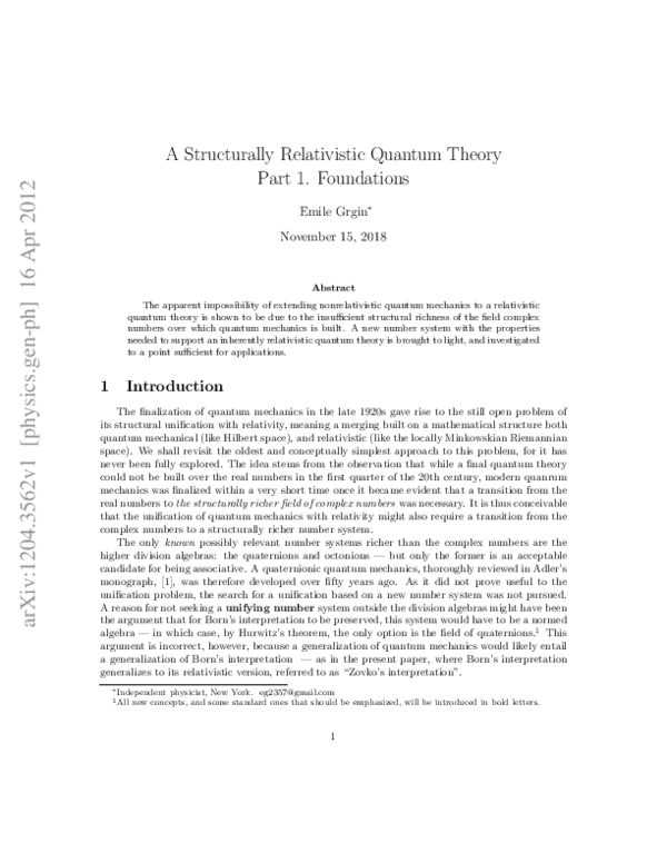 (PDF) A Structurally Relativistic Quantum Theory. Part 1: Foundations