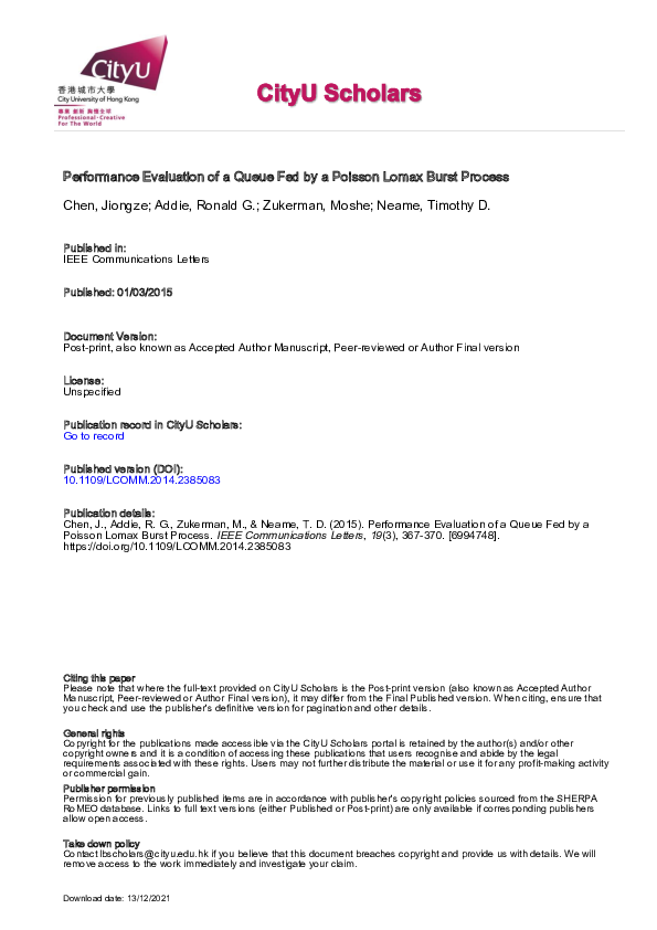 (PDF) Performance Evaluation of a Queue Fed by a Poisson Lomax Burst ...