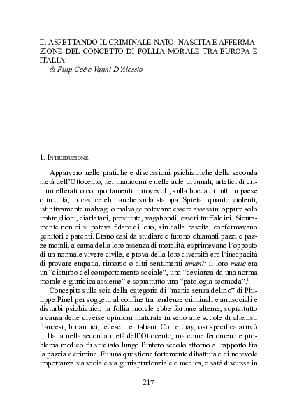 Aspettando il criminale nato. Nascita e affermazione del concetto di follia morale tra Europa e Italia