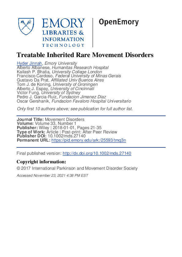 (PDF) Treatable inherited rare movement disorders