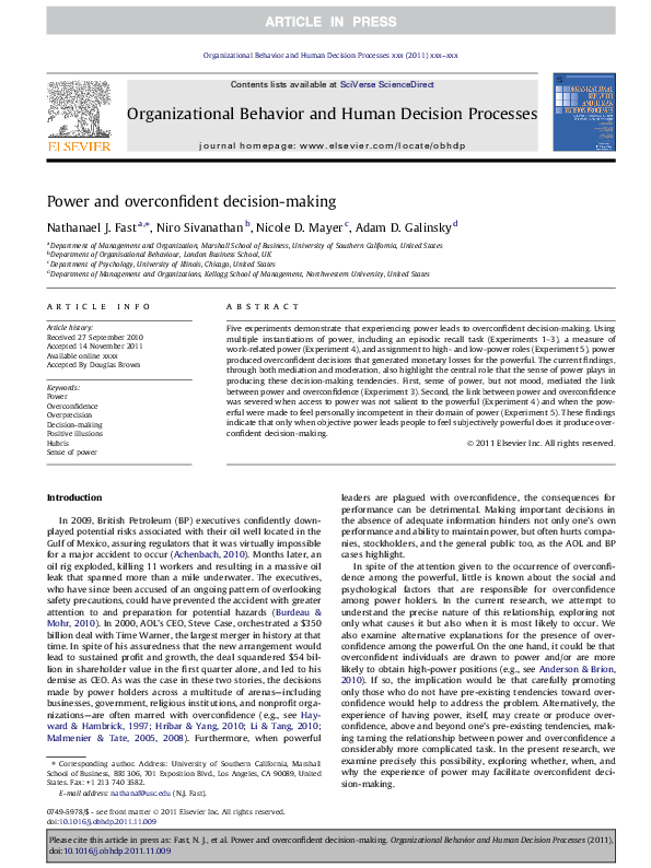 (PDF) Power and overconfident decision-making