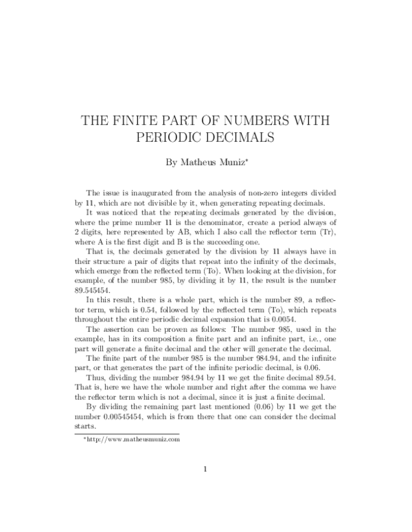 (PDF) THE FINITE PART OF NUMBERS WITH PERIODIC DECIMALS