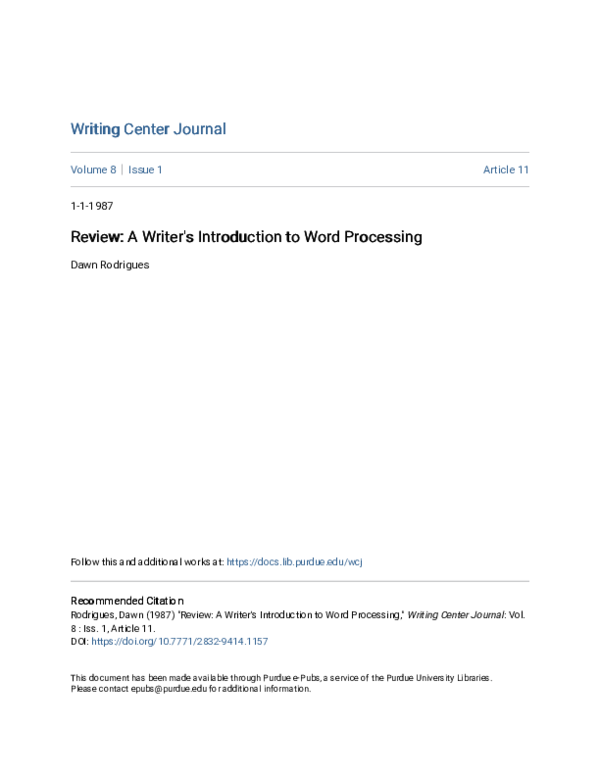(PDF) Review: A Writer's Introduction to Word Processing