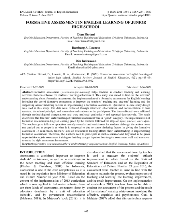 (PDF) Formative Assessment in English Learning of Junior High School