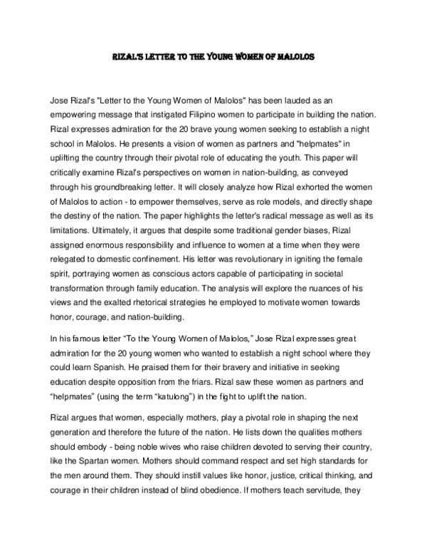 (PDF) Rizal's Letter to the Women of Malolos
