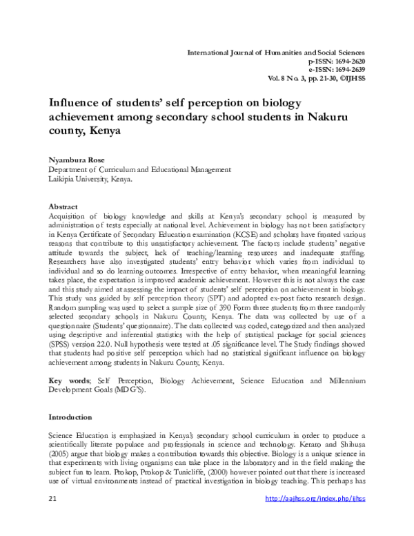 (PDF) Influence of students’ self perception on biology achievement ...