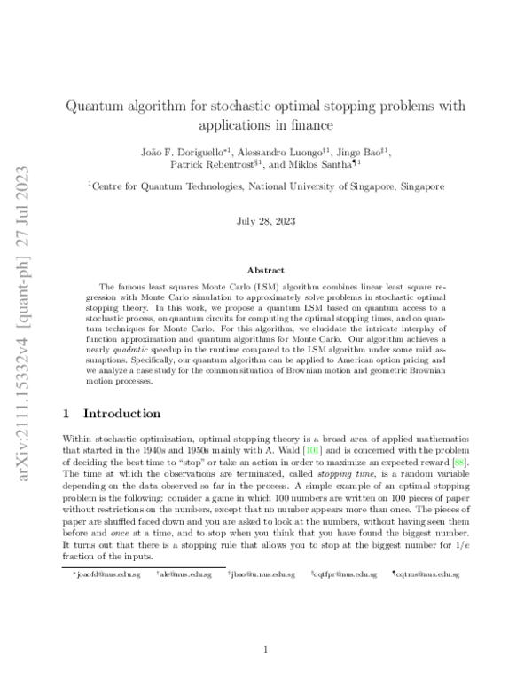 (PDF) Quantum algorithm for stochastic optimal stopping problems