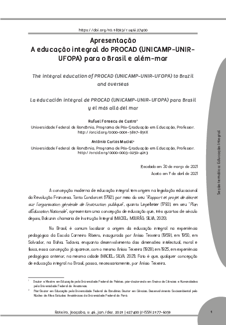 (PDF) Apresentação – A educação integral do PROCAD (UNICAMP-UNIR-UFOPA ...