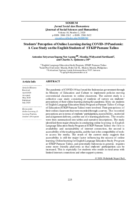 (PDF) Students’ Perception of Online Learning during COVID-19 Pandemic ...