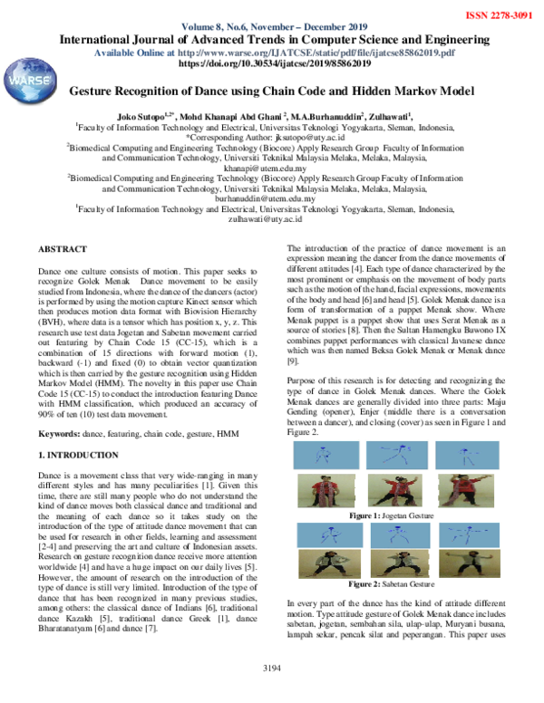 (PDF) Gesture Recognition of Dance using Chain Code and Hidden Markov Model