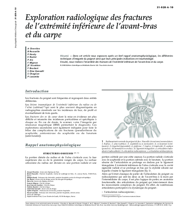 Exploration radiologique des fractures de l'extrémité inférieure de l'avant-bras et du carpe
