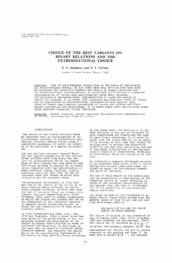 (PDF) Choice of the Best Variants on Binary Relations and the ...