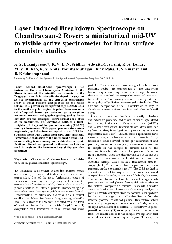 (PDF) Laser Induced Breakdown Spectroscope on Chandrayaan-2 Rover:A ...