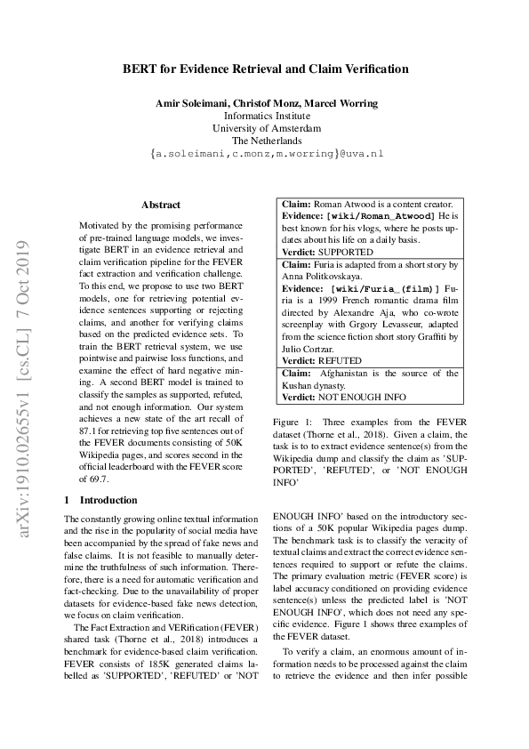 (PDF) BERT for Evidence Retrieval and Claim Verification
