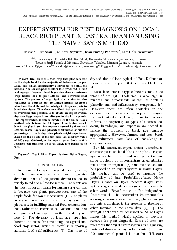 (PDF) EXPERT SYSTEM FOR PEST DIAGNOSIS ON LOCAL BLACK RICE PLANT IN ...