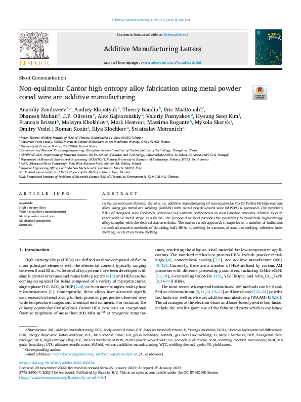 (PDF) Non-Equimolar Cantor High Entropy Alloy Fabrication Using Metal ...