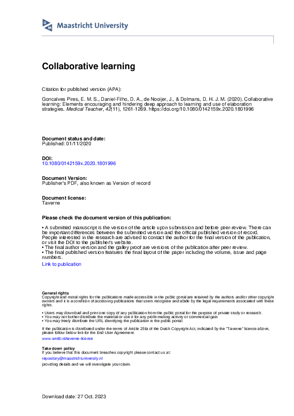 (PDF) Collaborative learning: Elements encouraging and hindering deep ...