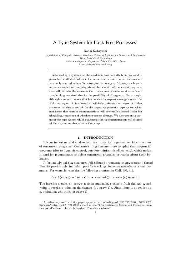 (PDF) A Type System for Lock-Free Processes