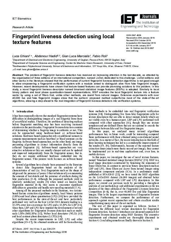 (PDF) Fingerprint liveness detection using local texture features