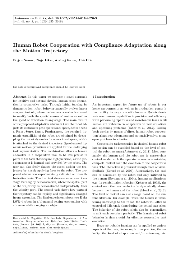 (PDF) Human robot cooperation with compliance adaptation along the ...