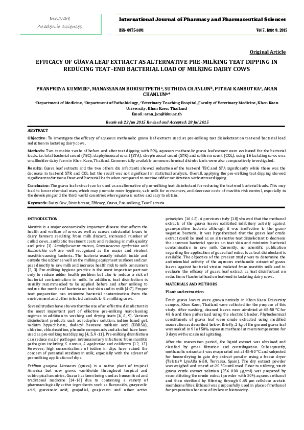 (PDF) EFFICACY OF GUAVA LEAF EXTRACT AS ALTERNATIVE PRE-MILKING TEAT ...