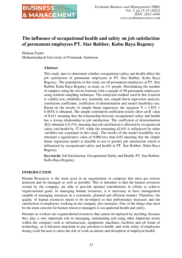 (PDF) The influence of occupational health and safety on job ...