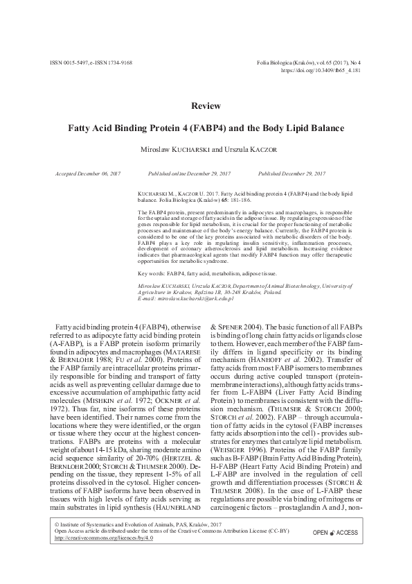 (PDF) Fatty Acid Binding Protein 4 (FABP4) and the Body Lipid Balance