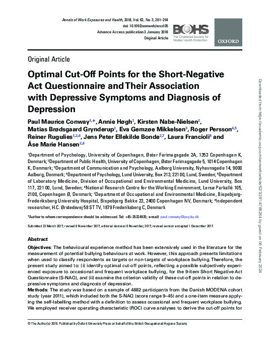 (PDF) Optimal Cut-Off Points for the Short-Negative Act Questionnaire ...