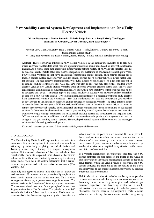 (PDF) Yaw Stability Control System Development and Implementation for a ...