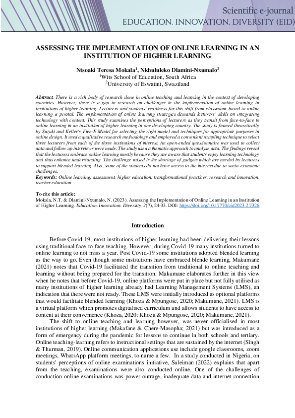 (PDF) ASSESSING THE IMPLEMENTATION OF ONLINE LEARNING IN AN INSTITUTION ...