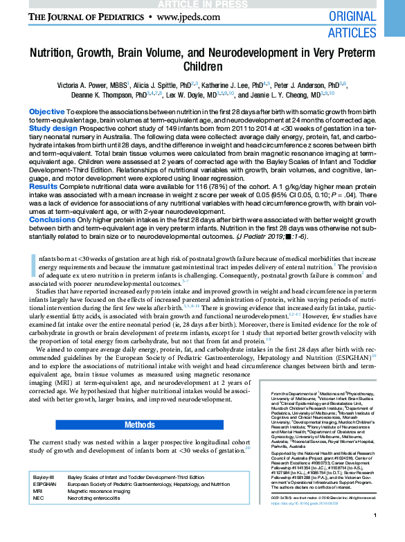 (PDF) Nutrition, Growth, Brain Volume, and Neurodevelopment in Very ...