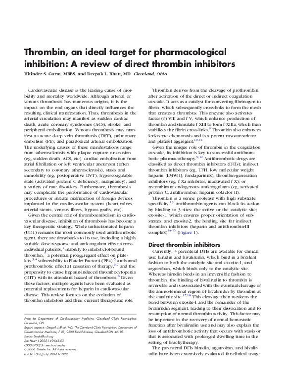 (PDF) Thrombin, an ideal target for pharmacological inhibition: A ...
