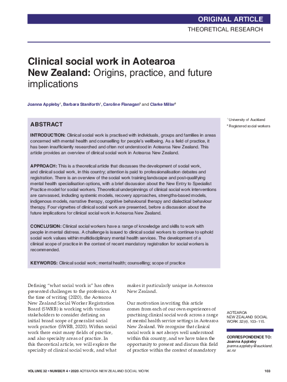 (PDF) Clinical social work in Aotearoa New Zealand: Origins, practice ...