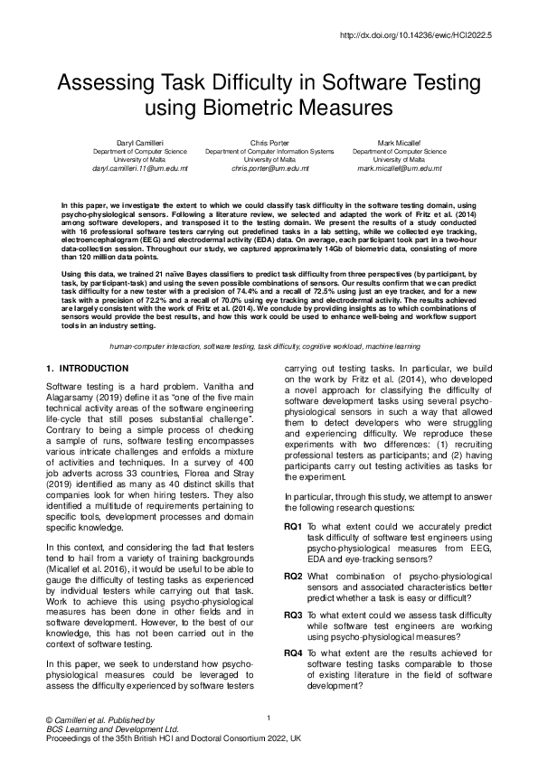 (PDF) Assessing Task Difficulty in Software Testing using Biometric ...