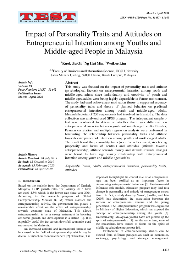 (PDF) Impact of Personality Traits and Attitudes on Entrepreneurial ...
