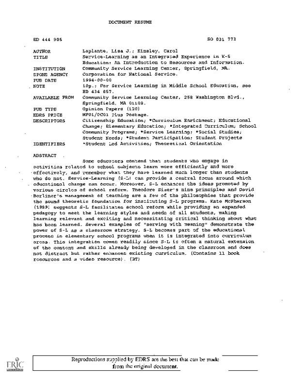  pdf service learning as an integrated experience in k 5 education an