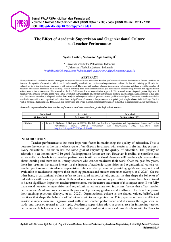(PDF) The Effect of Academic Supervision and Organizational Culture on ...