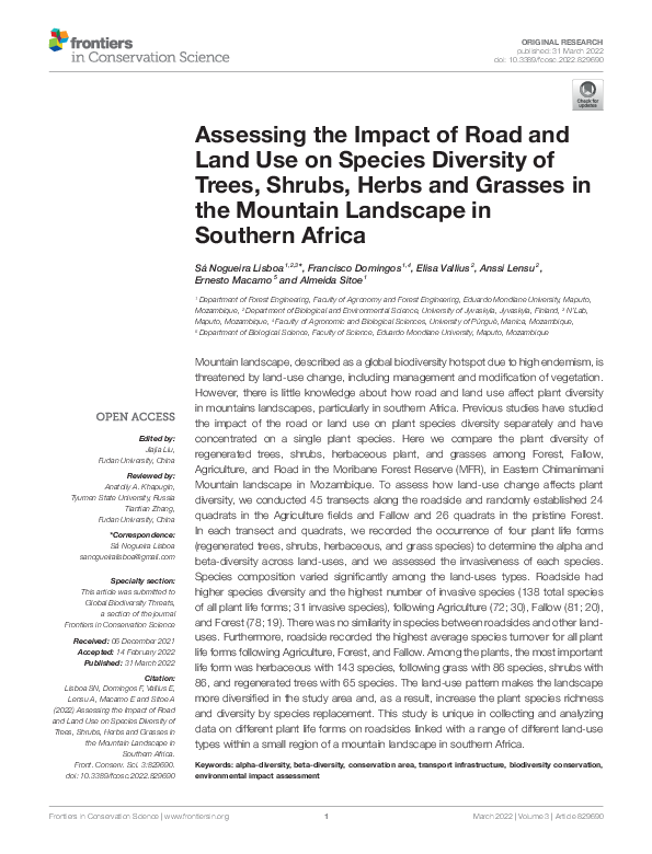 (PDF) Assessing the Impact of Road and Land Use on Species Diversity of ...