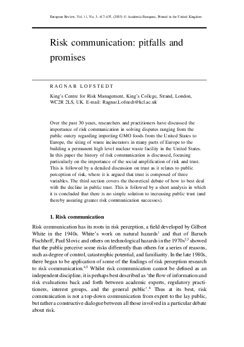 (PDF) Risk communication: pitfalls and promises