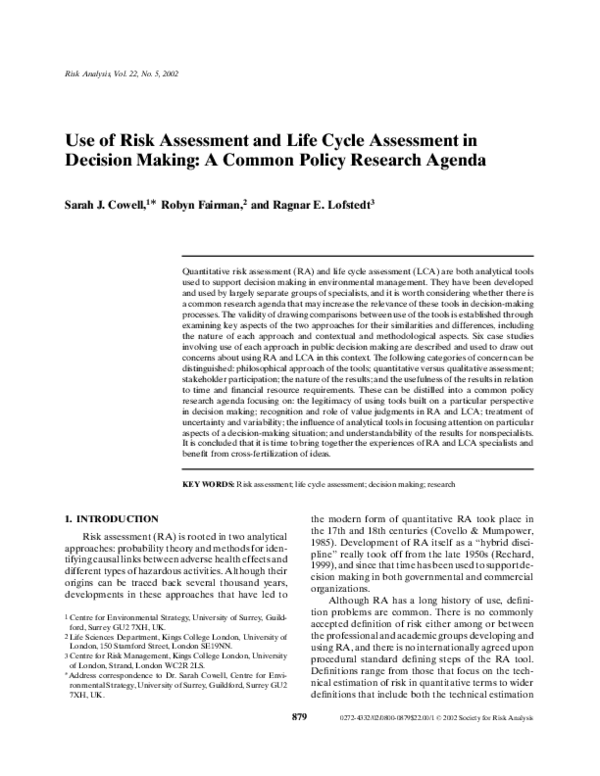 (PDF) Use of Risk Assessment and Life Cycle Assessment in Decision ...