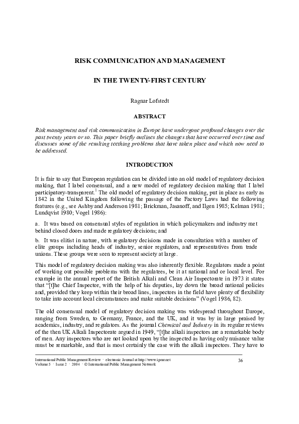 (PDF) Risk Communication and Management in the 21st Century