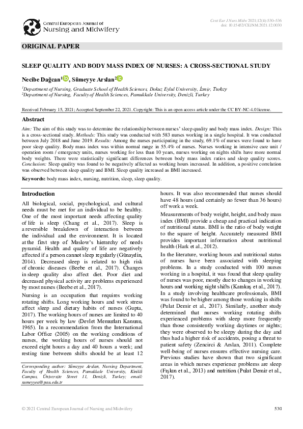 (PDF) Sleep quality and body mass index of nurses: a cross-sectional study