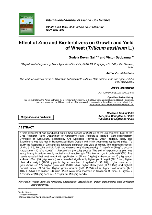 (PDF) Effect of Zinc and Bio-fertilizers on Growth and Yield of Wheat ...
