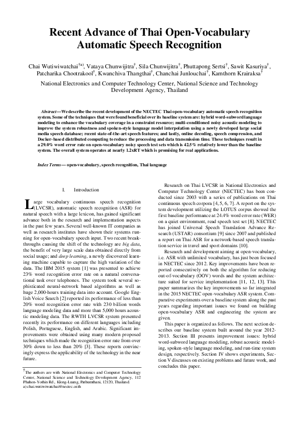 (PDF) Recent Advance of Thai Open-Vocabulary Automatic Speech Recognition