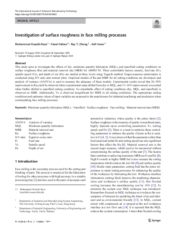 (PDF) Investigation of surface roughness in face milling processes