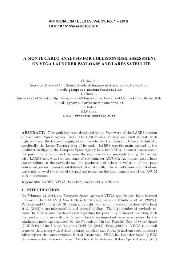 (PDF) A Monte Carlo Analysis for Collision Risk Assessment on Vega ...