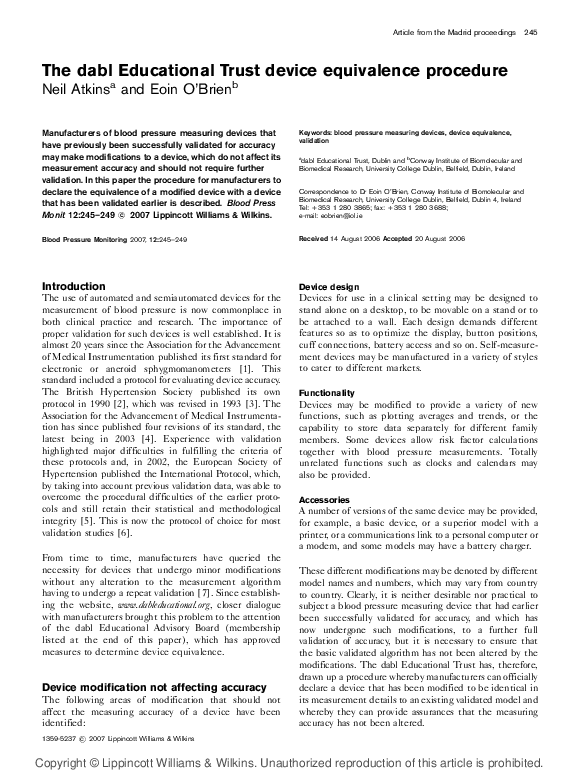 (PDF) Device Equivalence Procedure for Blood Pressure Monitors