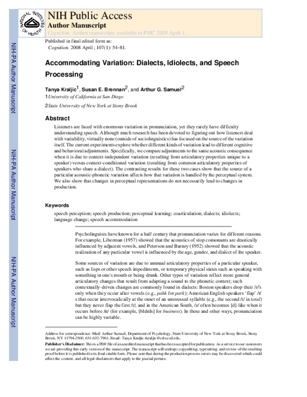 (PDF) Accommodating variation: Dialects, idiolects, and speech processing