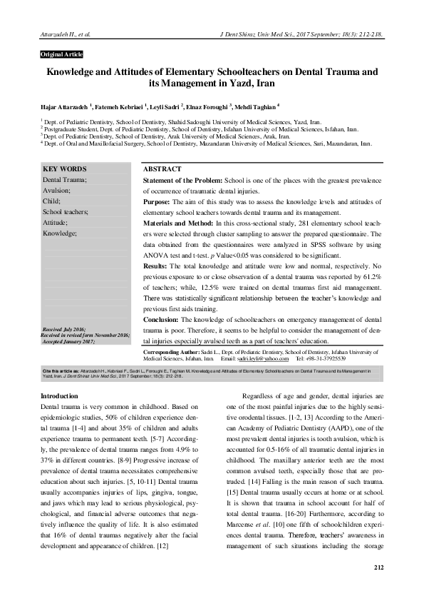 (PDF) Knowledge and Attitudes of Elementary Schoolteachers on Dental ...
