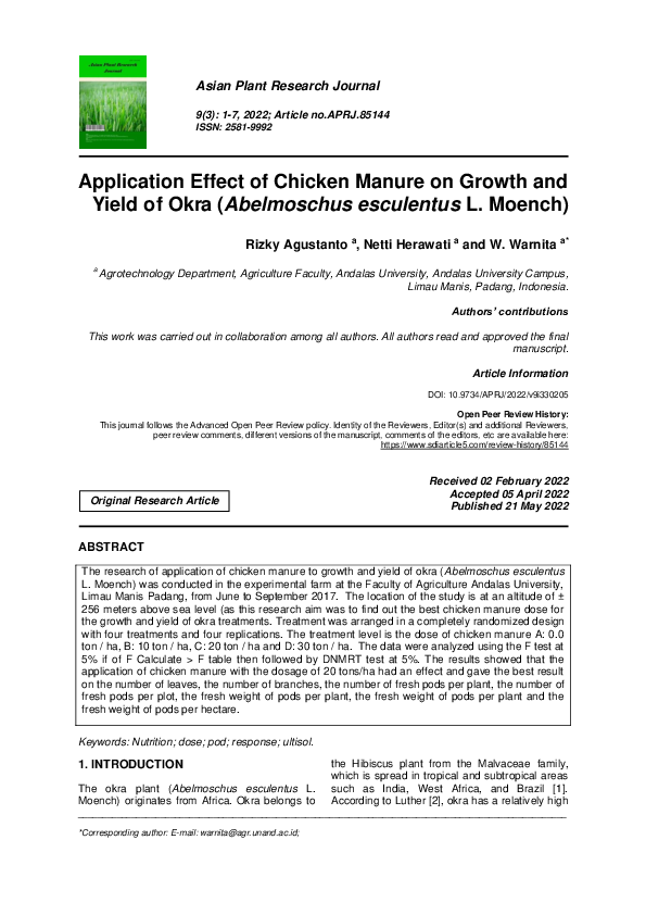 (PDF) Application Effect of Chicken Manure on Growth and Yield of Okra ...